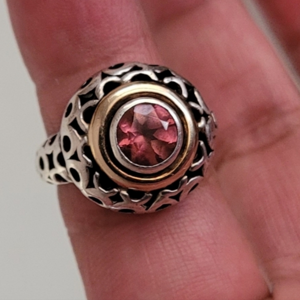 Vintage 925 14k Sterling  Silver Gold Tourmaline Heavy  Ring